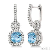 6 MM Cushion Shape Aquamarine and 1/2 Ctw Round Cut Diamond Earrings in 14K White Gold