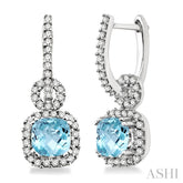 6 MM Cushion Shape Aquamarine and 1/2 Ctw Round Cut Diamond Earrings in 14K White Gold
