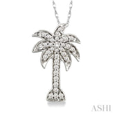 1/10 Ctw Palm Tree Round Cut Diamond Pendant in 14K White Gold with Chain