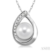 6.5 MM Round Shape Cultured Pearl and 1/20 Ctw Round Cut Diamond Pendant in 10K White Gold with Chain