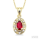 5x3 MM Oval Shape Ruby and 1/20 Ctw Single Cut Diamond Pendant in 14K Yellow Gold with Chain