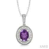 8x6 MM Oval Cut Amethyst and 1/20 Ctw Round Cut Diamond Pendant in Sterling Silver with Chain