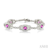 5x5 MM Cushion Cut Pink Sapphire and 2 Ctw Round Cut Diamond Precious Bracelet in 14K White Gold