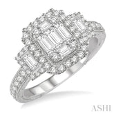 7/8 Ctw Octagonal & Rectangular Mount Baguette and Round Cut Diamond Engagement Ring in 14K White Gold