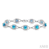 5x5 MM Cushion Shape Blue Topaz and 1/6 Ctw Round Cut Diamond Bracelet in 10K White Gold