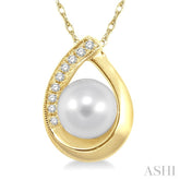 6.5 MM Round Shape Cultured Pearl and 1/20 Ctw Round Cut Diamond Pendant in 10K Yellow Gold with Chain