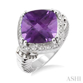 12X12 MM Cushion Shape Amethyst and 1/20 Ctw Round Cut Diamond Ring in Sterling Silver