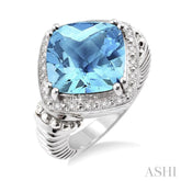 12X12 MM Cushion Shape Blue Topaz and 1/20 Ctw Round Cut Diamond Ring in Sterling Silver