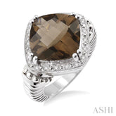 12X12 MM Cushion Shape Smoky Quartz and 1/20 Ctw Round Cut Diamond Ring in Sterling Silver