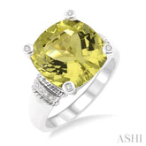 12X12 MM Cushion Shape Lemon Quartz and 1/20 Ctw Round Cut Diamond Ring in Sterling Silver