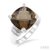 12X12 MM Cushion Shape Smoky Quartz and 1/20 Ctw Round Cut Diamond Ring in Sterling Silver