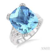 14X12 MM Cushion Shape Blue Topaz and 1/20 Ctw Round Cut Diamond Ring in Sterling Silver