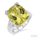 14X12 MM Cushion Shape Lemon Quartz and 1/20 Ctw Round Cut Diamond Ring in Sterling Silver