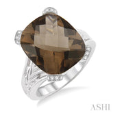 14X12 MM Cushion Shape Smoky Quartz and 1/20 Ctw Round Cut Diamond Ring in Sterling Silver