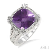 12X12 MM Cushion Shape Amethyst and 1/10 Ctw Round Cut Diamond Ring in Sterling Silver