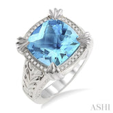 12X12 MM Cushion Shape Blue Topaz and 1/10 Ctw Round Cut Diamond Ring in Sterling Silver