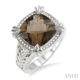 12X12 MM Cushion Shape Smoky Quartz and 1/10 Ctw Round Cut Diamond Ring in Sterling Silver