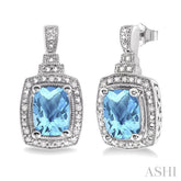 8x6 MM Cushion Shape Blue Topaz and 1/10 Ctw Round Cut Diamond Earrings in Sterling Silver