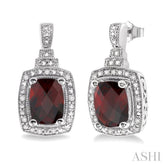 8x6 MM Cushion Shape Garnet and 1/10 Ctw Round Cut Diamond Earrings in Sterling Silver