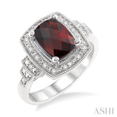 9x7 MM Cushion Shape Garnet and 1/10 Ctw Round Cut Diamond Ring in Sterling Silver