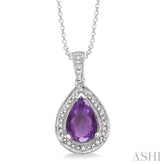 10x7 MM Pear Shape Amethyst and 1/20 Ctw Round Cut Diamond Pendant in Sterling Silver with chain