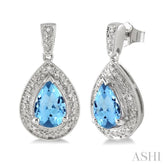 9x6 MM Pear Shape Blue Topaz and 1/20 Ctw Round Cut Diamond Earrings in Sterling Silver