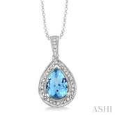 10x7 MM Pear Shape Blue Topaz and 1/20 Ctw Round Cut Diamond Pendant in Sterling Silver with chain