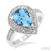 10x7 MM Pear Shape Blue Topaz and 1/20 Ctw Round Cut Diamond Ring in Sterling Silver