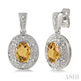 7x5 MM Oval Cut Citrine and 1/20 Ctw Round Cut Diamond Earrings in Sterling Silver