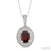 8x6 MM Oval Cut Garnet and 1/20 Ctw Round Cut Diamond Pendant in Sterling Silver with Chain