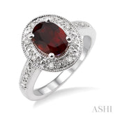 8x6 MM Oval Cut Garnet and 1/20 Ctw Round Cut Diamond Ring in Sterling Silver