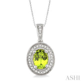 8x6 MM Oval Cut Peridot and 1/20 Ctw Round Cut Diamond Pendant in Sterling Silver with Chain