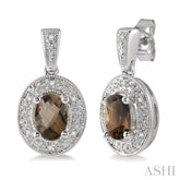 7x5 MM Oval Cut Smoky Quartz and 1/20 Ctw Round Cut Diamond Earrings in Sterling Silver