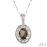 8x6 MM Oval Cut Smoky Quartz and 1/20 Ctw Round Cut Diamond Pendant in Sterling Silver with Chain