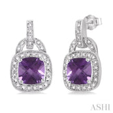 8x8 MM Cushion Shape Amethyst and 1/10 Ctw Round Cut Diamond Earrings in Sterling Silver
