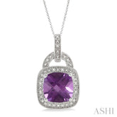 10x10 MM Cushion Shape Amethyst and 1/20 Ctw Round Cut Diamond Pendant in Sterling Silver with Chain