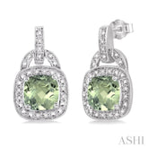 8x8 MM Cushion Shape Green Amethyst and 1/10 Ctw Round Cut Diamond Earrings in Sterling Silver