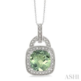10x10 MM Cushion Shape Green Amethyst and 1/20 Ctw Round Cut Diamond Pendant in Sterling Silver with Chain