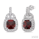8x8 MM Cushion Shape Garnet and 1/10 Ctw Round Cut Diamond Earrings in Sterling Silver