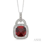 10x10 MM Cushion Shape Garnet and 1/20 Ctw Round Cut Diamond Pendant in Sterling Silver with Chain
