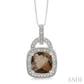 10x10 MM Cushion Shape Smoky Quartz and 1/20 Ctw Round Cut Diamond Pendant in Sterling Silver with Chain