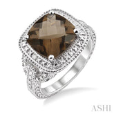 10x10 MM Cushion Shape Smoky Quartz and 1/20 Ctw Round Cut Diamond Ring in Sterling Silver
