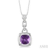 8x8 MM Cushion Checker Amethyst and 1/20 Ctw Round Cut Diamond Pendant in Sterling Silver with Chain