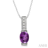 8x6 MM Oval Cut Amethyst and 1/50 Ctw Round Cut Diamond Pendant in Sterling Silver with Chain