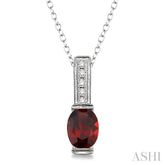 8x6 MM Oval Cut Garnet and 1/50 Ctw Round Cut Diamond Pendant in Sterling Silver with Chain