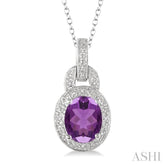 9x7 MM Oval Cut Amethyst and 1/20 Ctw Round Cut Diamond Pendant in Sterling Silver with Chain