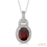 9x7 MM Oval Cut Garnet and 1/20 Ctw Round Cut Diamond Pendant in Sterling Silver with Chain