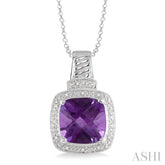 10x10 MM Cushion Shape Amethyst and 1/20 Ctw Round Cut Diamond Pendant in Sterling Silver with Chain