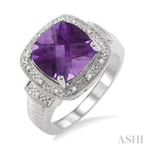 10x10 MM Cushion Shape Amethyst and 1/20 Ctw Round Cut Diamond Ring in Sterling Silver