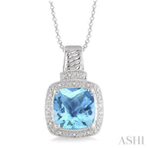 10x10 MM Cushion Shape Blue Topaz and 1/20 Ctw Round Cut Diamond Pendant in Sterling Silver with Chain